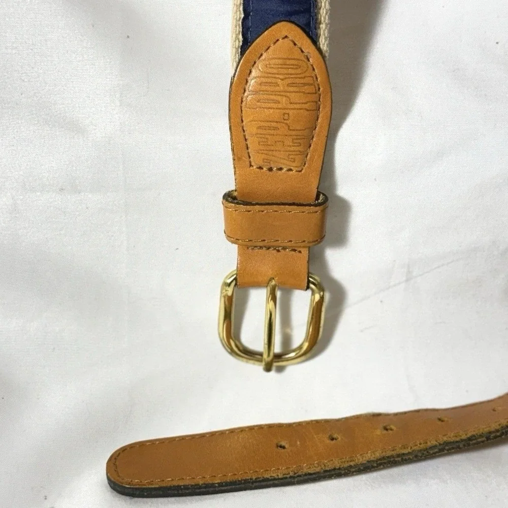 Vintage ZEP-PRO Sailboats Cream Cotton‎ Brown Leather Brass Buckle Belt 38 USA